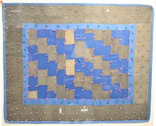 American Amish Tied Brick Crib Quilt, blue, grey, and purple cotton, circa 1940, frame size 38 1/4" x 45" x 2"; image size 32 1/2" x 39".