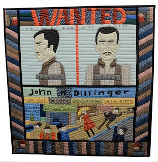 Edward Larson, John Dillinger "Crime Does not Pay", 1981, pieced cotton quilt, 40" x 36".