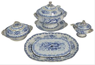 William Ridgway Sixteen Piece Set of English Transfer Printed Serving Pieces, with chimera pattern, blue and white with serpents and gold accents, tur