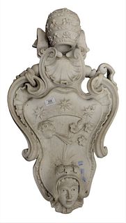 Italian White Marble Armorial, having carved bust on bottom with scallop edges, central plaque having carved Aeolus blowing flowers all under carved s
