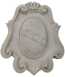 Italian White Marble Armorial, having three carved crescent moon design, height 26 inches, width 23 inches.