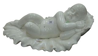 Large Italian Carrara Marble Sculpture of a Sleeping Baby, polished marble figure of a baby boy sleeping on leaf form, 20th century, height 8 1/2 inch