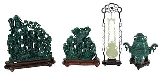 Four Piece Carved Malachite Group to include a censer with tripod base, a large figural group, a smaller figural group with scrolling vine and birds, 