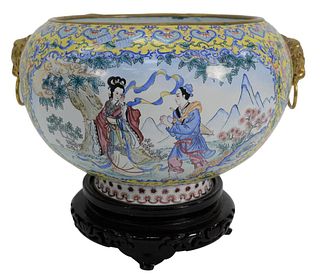 Chinese Metal Enamel Jardiniere decorated with goddess and phoenixes having gilt lion and ring handles on custom wood base, height 12 inches, diameter