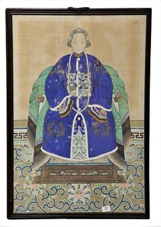 Chinese Ancestor Portrait wearing a blue robe with peacock badge and dragon sleeves, watercolor on paper, mounted on linen, (repaired), 25" x 37 1/2".