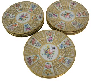 Set of Twelve Sevres Service Plates with raised gold and painted flowers, marked on bottom, diameter 10 inches.
