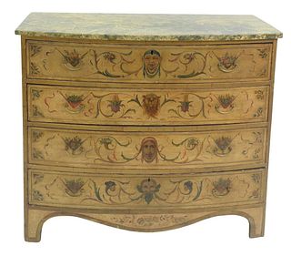 Federal Bow Front Four Drawer Chest having faux painted top and overall paint decorated including faces, circa 1800, height 34 inches, width 40 inches