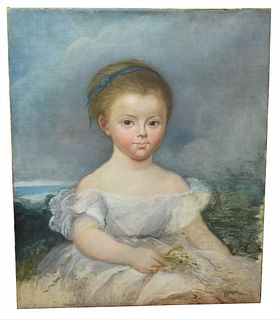 American School (19th Century), portrait of a little girl in a white dress with a blue hair ribbon and flowers in her hand, oil on relined canvas, uns