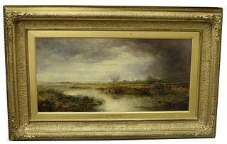 Robert Tonge (British, 1823 - 1856) Marsh-side Landscape, 1851, oil on glue lined canvas, signed and dated lower left "R. Tonge, 1851", 14 1/4" x 28 1