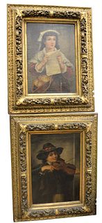 Pair of 19th Century Portraits to include one of a girl holding a letter along with a boy playing a violin, oil on canvas, both signed lower right 'Be