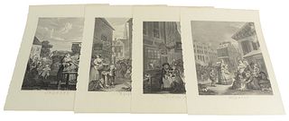 Group of Four William Hogarth Engravings, Four Times of Day "Morning," "Noon," "Evening," and "Night," sheet size 25" x 19".