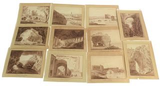 Set of Twelve Angelo Uggeri (Italian, 1754 - 1837), sepia ink on paper, "Grotte de Neptune"; "Les Cascatelles:' "Restes de la Villa de Quintilius Varu