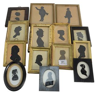 Large Group of 13 Framed Silhouette Portraits, two signed Nancy Parrish, and one signed illegibly, largest overall 6 3/4" x 6".