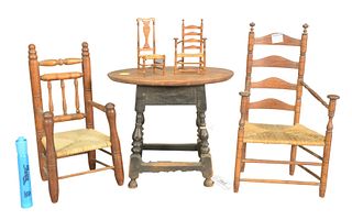 Five Piece Group of Miniature Furniture Group to include, ladder back great chair, height 12 inches; arm chair; one small ladder back arm chair; one s