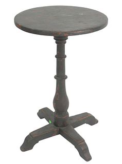 Primitive Candle Stand, with round top on turned shaft on X base in old green paint over red paint, height 24 1/2 inches, top 15 1/2" x 16". Provenanc