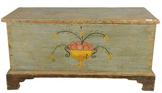 Chippendale Chest, with lift top old blue paint with compote of fruit all on bracket base, (top loose), height 19 inches, top 15 1/4" x 38".