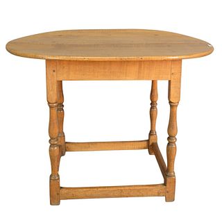 Tavern Table, with oval tiger maple top on block and turned legs and box stretcher, circa 1720, (low/refinished original top), height 23 1/4 inches, t