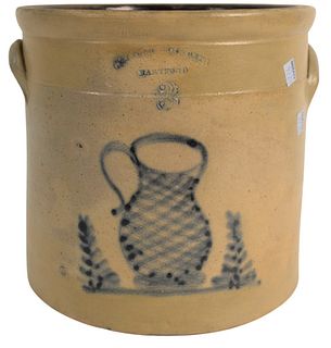 Hartford Stoneware Three Gallon Crock with blue mug on front, height 10 1/4 inches, [repaired].