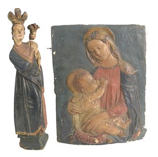 Two-Piece Group to include a painted plaster Madonna and Child plaque, 16" x 12 3/4", 15th century or later, Benedetto da Maiano; along with a carved 