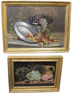 Two Framed Still Lives, one with grapes and pitcher, signed indistinctly lower right "W. Ju..."; the other with grapes and fine silver, signed indisti
