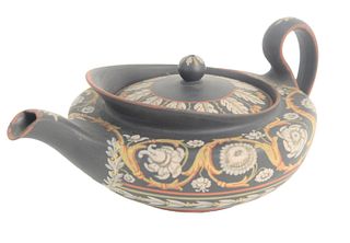 Wedgwood Encaustic Decorated Teapot in black basalt, early 19th century, having polychrome enamel decorated with bands of arabesque flowers and laurel