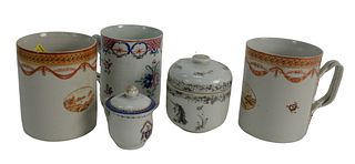 Five Piece Chinese Export Group to include a pair of large mugs having oval painted landscape scene, mug with painted flowers, pot de creme with handl
