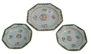Three Chinese Export Famille Verte Octagonal Plates having green border with central coat of arms, featuring motto "Virtute et Labore", largest diamet