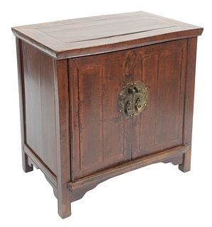 Chinese Two Door Cabinet with remnants of red paint, height 30 inches, width 30 inches.