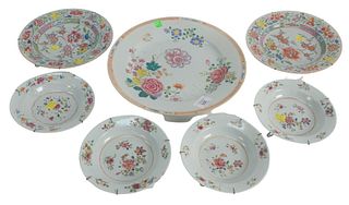 Seven piece lot to include three Famille Rose Porcelain Pieces to include a charger decorated with pink, yellow, blue and rose flowers, (old repair), 