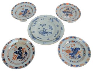 Six Piece Lot to include set of four Chinese Export Imari pattern plates, along with two Export blue and white plates, diameters 9 - 11 1/4 inches. Pr