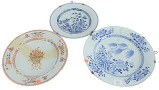 Three Chinese Export Chargers, two blue and white with painted garden tree all with repairs, along with one painted multiple colors, with bowl on stan