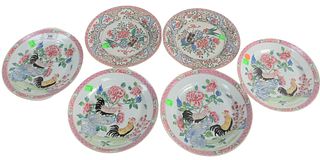 Six Chinese Export Plates to include a set of four having painted flowers and roosters, along with a pair with enameled flowers, diameter 9 1/4 inches