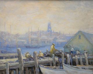 Emma Ruth Burgess (American, 1881-1977), Boston Harbor and Beacon Hill, Gloucester Harbor, oil on canvas, signed and titled on the stretcher bar, 16" 