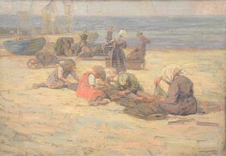 Luplau Janssen (Danish, 1869 - 1927), beach scene with ships and figures, 1910, oil on canvas, signed and dated lower right "Luplau Janssen, 1910," 21