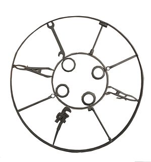 Rodney Rosebrook, folk art metal farm tool wheel, circa 1981, diameter 38 inches.
