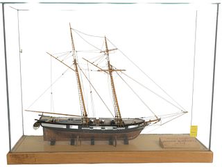 Roger B. Taney Wood and Copper Model Sailing Ship, in glass case, having wood body, with copper plated hull, original was built in 1833, 1/8 inch = 1 