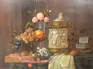 Still Life with grapes, chestnut, a pitcher and roses, oil on panel, signed illegibly lower right, 12" x 15 3/4". Provenance: Sotheby's sale label adh