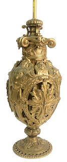 American Renaissance Revival Gilt Bronze Oil Lamp electrified into a table lamp and decorated with caryatids, overall 39 inches.