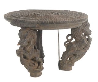Carved Wood Ceremonial Low Table having 3 carved foo lion legs with round top with carved phoenix bird center, 19th century or later, height 13 1/4 in