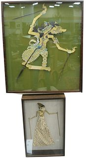 Five Piece Group of Wood and Leather Shadow Play Puppets; to include a Japanese female figure, along with Japanese figure, bull, boar and elephant, ea