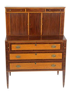 Federal Mahogany and Birdseye Maple Tambour Desk in two parts, upper section with drawers and tambour doors on lower section with flip lid writing sur