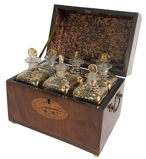 Mahogany Inlaid Apothecary Box with fitted interior and six gilt decorated glass bottles, height 8 1/2 inches, top 6 3/4" x 10".