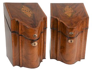 Pair of Mahogany Inlaid Knife Boxes, having a fitted interior, double banded edges and conch shell inlaid lids, height 14 1/2 inches, width 9 inches, 