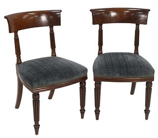 Set of Six George IV Mahogany Dining Chairs, on turned and reeded legs, circa 1830, height 33 1/2 inches, seat height 18 inches.