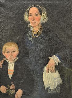 Primitive Portrait, mother wearing a blue dress with her son holding flowers, oil on canvas, in period walnut veneered frame, (relined), height 32" x 