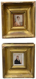 American School (early 19th Century) Pair of Primitive portraits of a man and a woman, watercolor, in deep gilt frame, image 3" x 2 1/4".