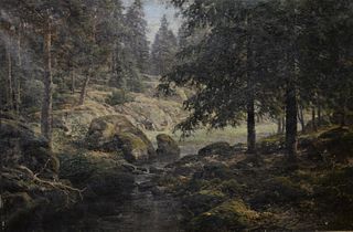 Berndt Adolf Lindholm (French/Swedish 1841 - 1914), River running through a rocky landscape, oil on canvas, signed lower right "B.Lindholm" 18 1/4" x 
