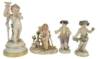 Four Porcelain Figures marked Meissen having the crossed swords on round base (with small chips at base, minor losses); one with Davis Collamore, New 