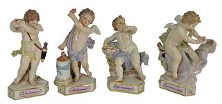 Set of Four Meissen Cherubs, to include Te les Rends Legers, Te les Punis, Te les Balance, and Te Prends Mon Efsor, possibly by Acier, after drawings 