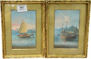Pair of Chinese School Paintings, oils on panel, each depicting landscape with Chinese junk or sailboat with figures, one signed on sail, the other un